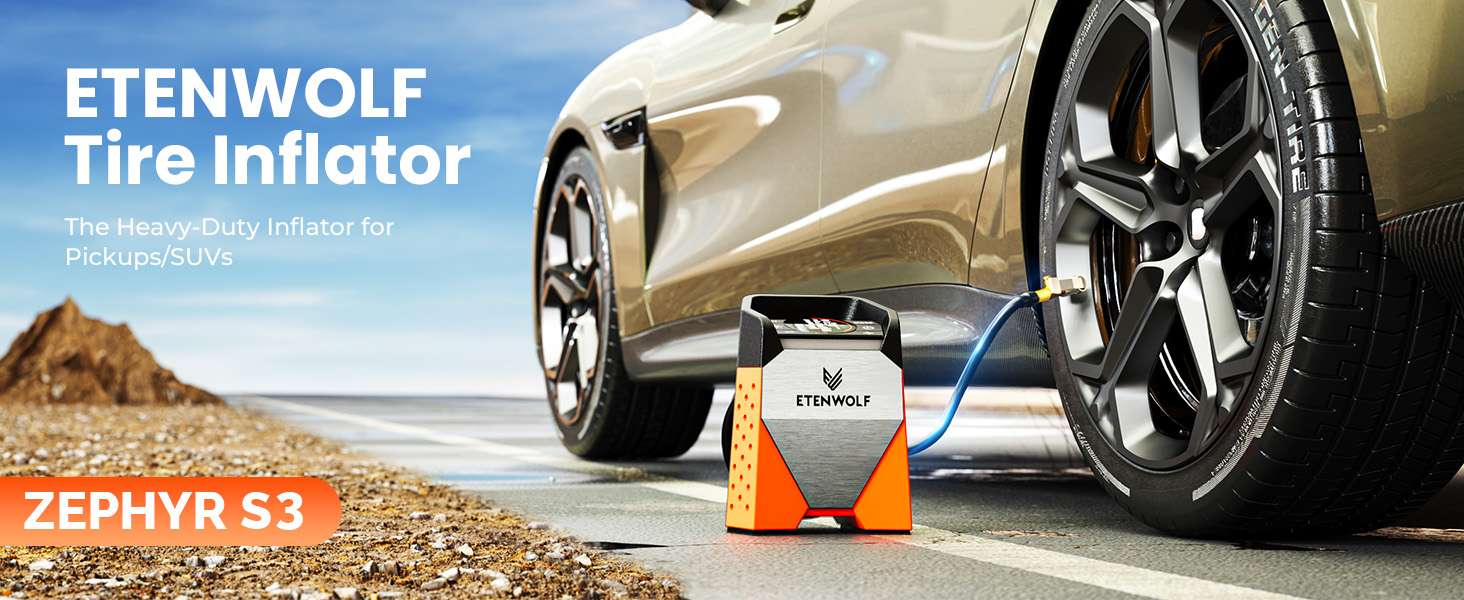 Text reads 'ETENWOLF Tire Inflator', 'Digital Display', 'ZEPHYR S3.' Portable air pump shown inflating vehicle tire with orange and white device body.