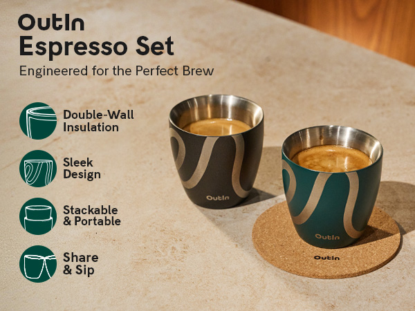 Text reads 'Gooim Espresso Set', 'Engineered for the Perfect Brew', 'Double Wall Design', 'Stackable & Portable', 'Share'. Modern coffee set with metallic cups on cork coasters.
