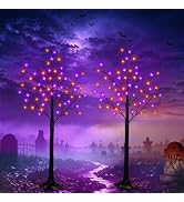 2 Pack 4 FT Lighted Black Halloween Tree Lights with 96 LED Orange Purple | Pre-lit Spooky Tree L...