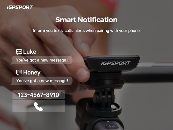 A smartphone screen displaying notifications from 'Luke' and 'Honey'. A person's hand is touching the screen. Text mentions 'Smart Notification' and 'IGPSPORT'.