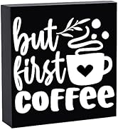 Coffee Bar Decor, But First Coffee Sign, Wood Box Sign for Rustic Farmhouse Kitchen Tiered Tray D...