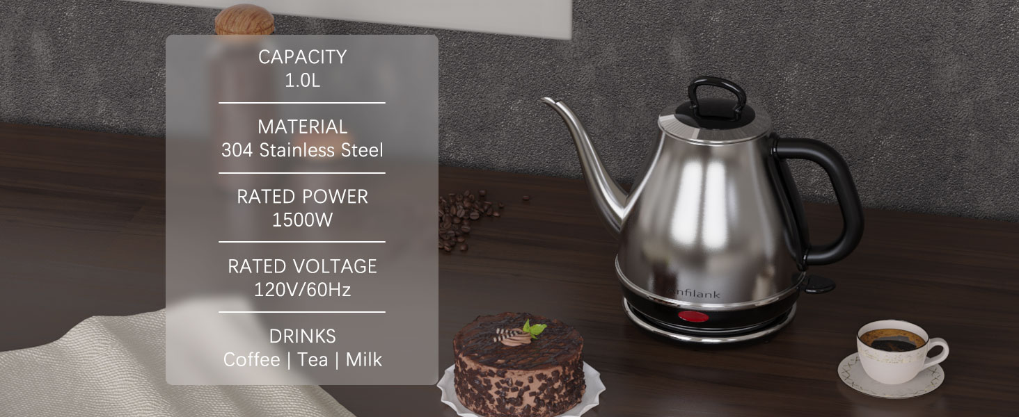 silver gooseneck electric kettle1l, stainless steel, coffee / tea / milk / oats, etc.