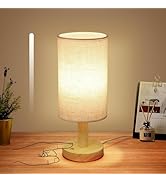 Small Corded Touch Bedside Table Lamp with Stepless Dimming, Natural Round Wood Base & Linen Fabr...