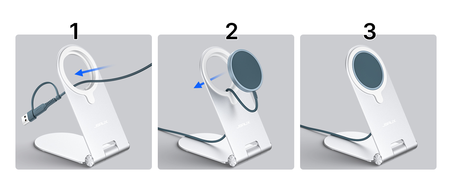 White adjustable device stand shown in three positions, featuring folding mechanism and circular mounting point with cable management.