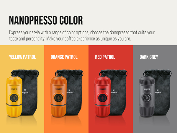 Nanopresso portable espresso machines in four colors: yellow, orange, red, and dark grey, each with matching carry cases.