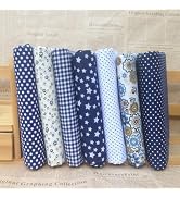 Cotton Fabric Squares for Quilting, 10 x 10 inches, 7 Pieces, Floral Dot Pattern (Dark Blue)