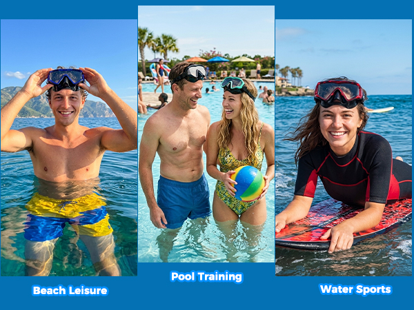 Four photos: child swimming in pool, person snorkeling, packed snorkel set, and freediver diving.