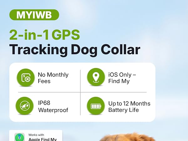 MYIWB 2 in 1 tracking dog collar in green reflective nylon works with Apple Find My on iOS