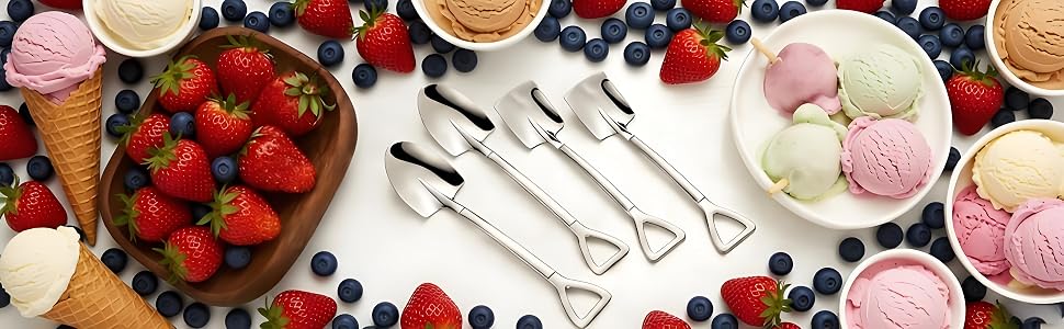 Stainless steel serving utensils arranged on colorful background with fresh strawberries, macarons, and other desserts visible.