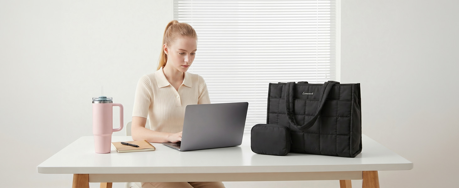Professional tote keeps laptop, notebook and tumbler handy at your office desk for workdays