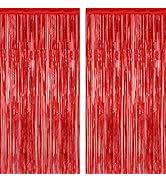 2 Pack Red Tinsel Backdrop, 3.28 FT x 7.05 FT Fringe Curtains, Red Foil Tinsel Party Streamer Bac...