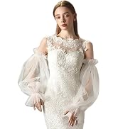 YAEISM Long Wedding Gloves Lace Semi Sheer Puffy Sleeves Ruffled White Tulle Gloves Fingerless El...
