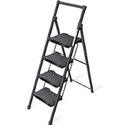 Folding step ladder with four steps, made of dark metal material. Compact design suitable for household use.