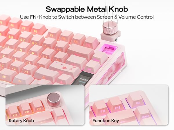 Text reads 'Use Pin/Knob to Switch between Screen & Volume Control'. Pink-lit mechanical keyboard with close-up details of keys and controls.