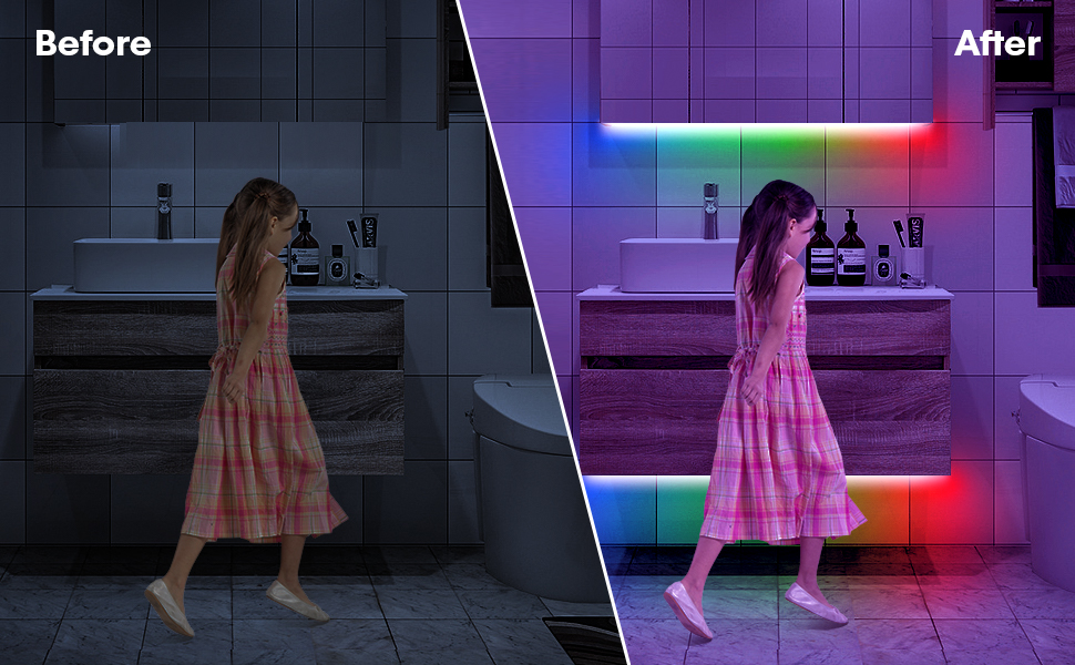 a girl walking through a bathroom with a sink and a counter.