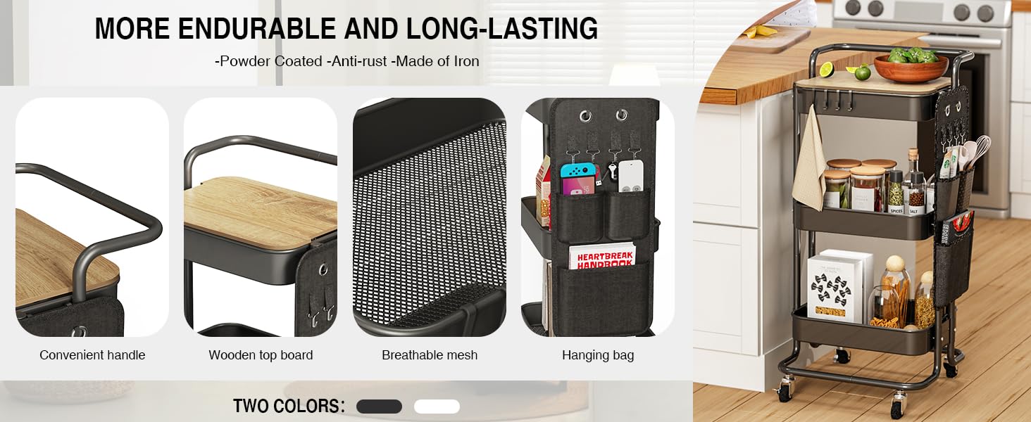 3-tier white metal rolling cart with cover board and side bag