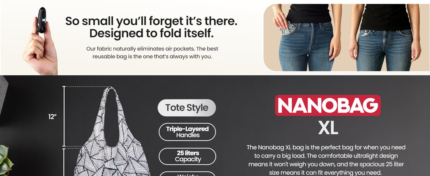 Person holding Nanobag pouch ultra-compact reusable bag that fits on a keychain