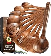 Kikcoin 10 PCS Durable Natural Teak Wooden Cooking Utensil Set, Non Toxic Wooden Spoons for Cooki...