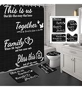 juwute 4Pcs Family Shower Curtain Sets with Non-Slip Rugs, Toilet Lid Cover and Bath Mat, Black H...