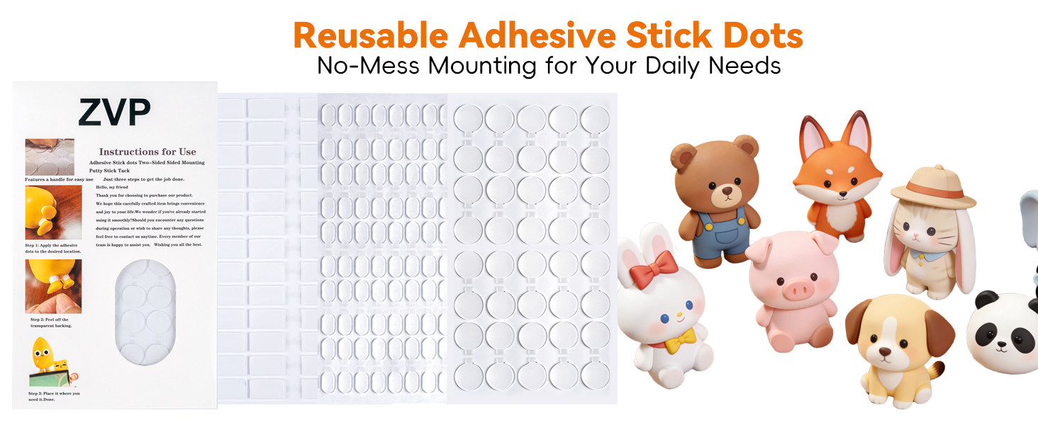 Multi-size transparent glue dots, small for delicate fix, large for strong hold