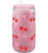 Cherry 16 Oz Can Glass Tumbler with Acrylic Lid and Straw - Iced Coffee Cups for Women, Aesthetic...