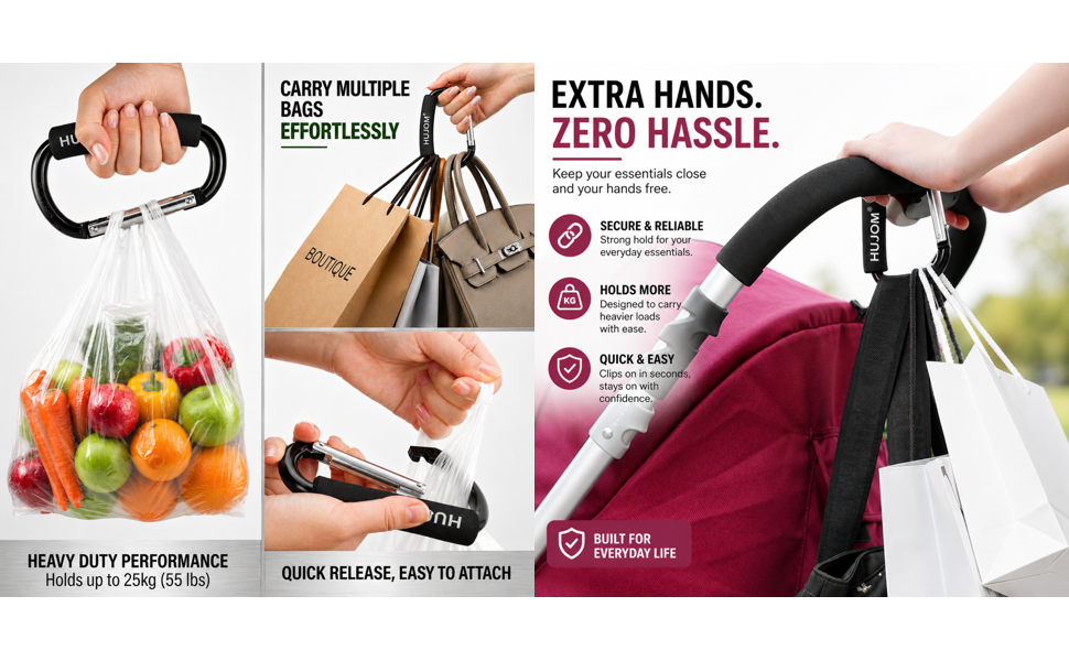 HUJOM 2 pack stroller hooks infographic showing hands free convenience and strong load capacity