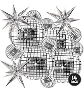 Inflatable Disco Ball Balloons Pack of 14 - 22” Silver Mylar Foil Disco Party Balloons with Star ...