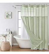 eachope Sage Green Farmhouse No Hook Shower Curtain Set with Snap-in Fabric Liner,Boho Heavy-Duty...