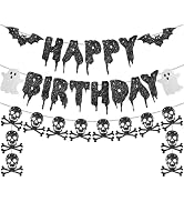 Pre-Strung Black Halloween Happy Birthday Banner Decorations,Spooky Halloween Birthday Party Deco...