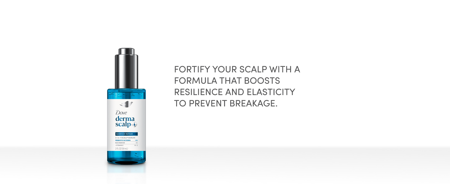 DermaScalp 3-in-1 Serum bottle next to text about boosting elasticity to prevent breakage.