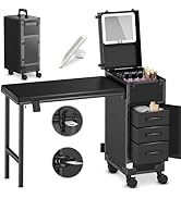 EASYINBEAUTY Rolling Portable Manicure Table with 3 Drawers, Mirror & Nail Polish Organizer, Lock...