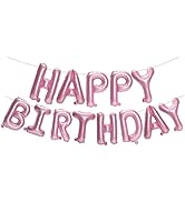 PIGETALE Pink Happy Birthday Banner,16 Inch 3D Aluminum Foil Inflatable Birthday Letters Balloons...