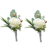 WNHNO 2Pcs Roses Boutonniere for Men Wedding, Groom Groomsman Artificial White Rose Flowers with ...