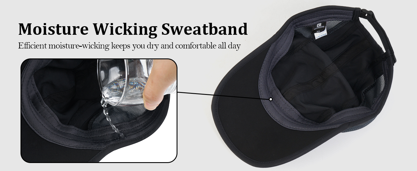 Built in sweatband removes sweat from eyes and face., allows for moisture and heat to escape