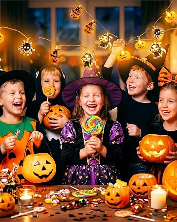 Halloween lights and decorations for kids party with pumpkins and string lights