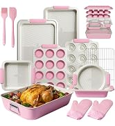 Kikcoin 25 PCS Stackable Baking Pans Set, Non-stick Bakeware Sets with Silicone Handles, 450°F Ov...
