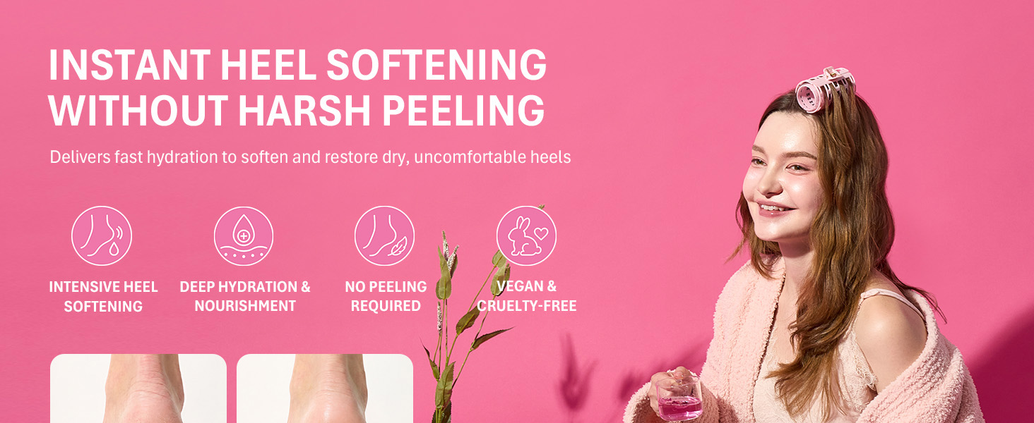Woman relaxing on pink background; instant heel softening mask, no peeling, hydration icons.
