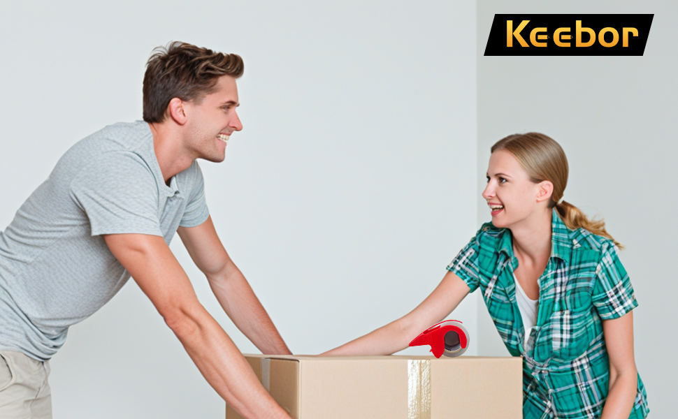 a man and a woman use packing tape to wrapping