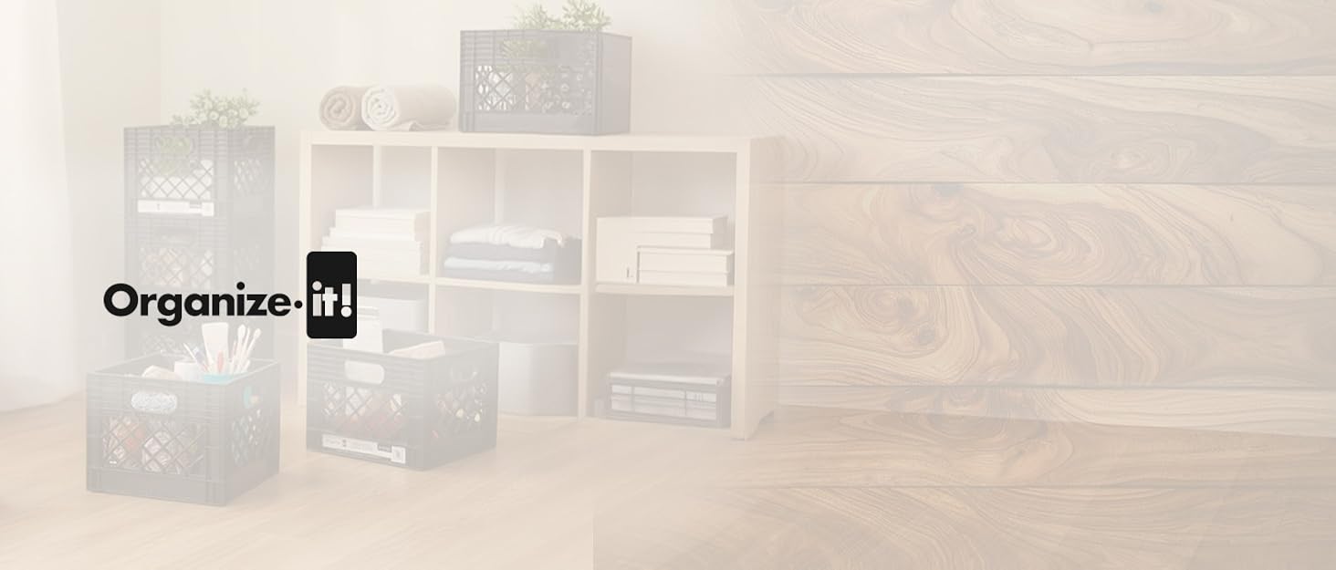 Organize-it! logo with storage crates and white shelving unit in a tidy room