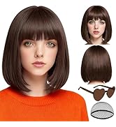 PLULON Dark Brown Short Bob Wig with Bangs for Women, Colorful Neon Short Bob Synthetic Hair Wigs...