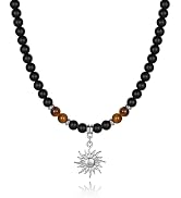 GINAZL Mens necklace Natural Healing Black Obsidian Tigers Eye Beaded Sun Necklace Anniversary Bi...