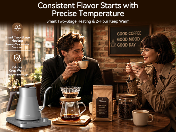 Couple enjoying pour over coffee with gooseneck kettle in café style scene