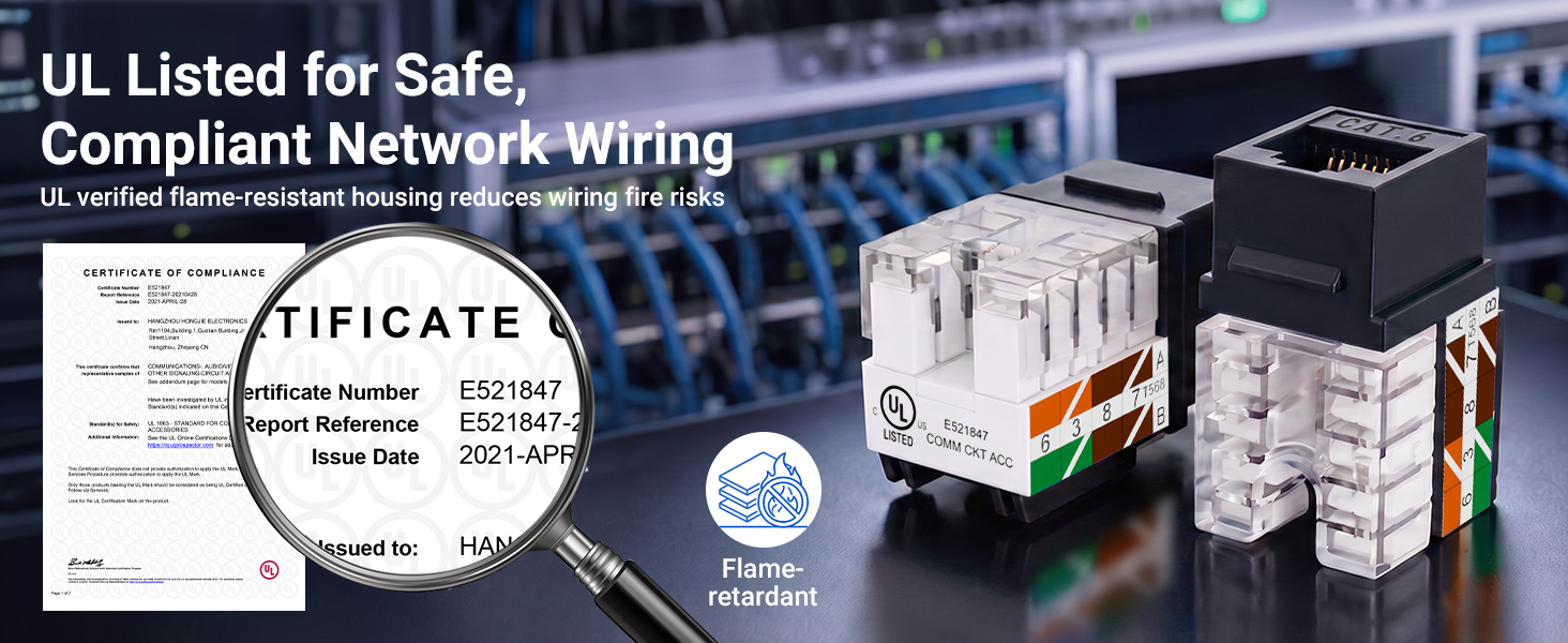 Text reads: 'UL Listed for Safe, Compliant Network Wiring', 'TIFICATE'. UL certification document, white and black electrical connector blocks, and compliance certification seal displayed.