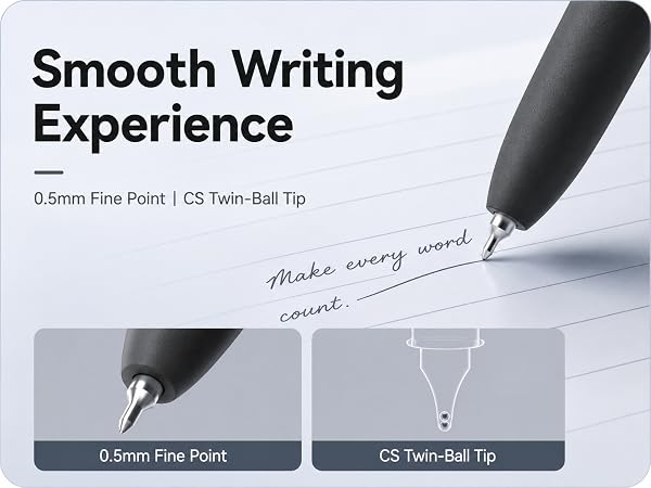 0.5mm fine point gel ink pens with smooth writing, consistent ink flow and CS twin-ball tip