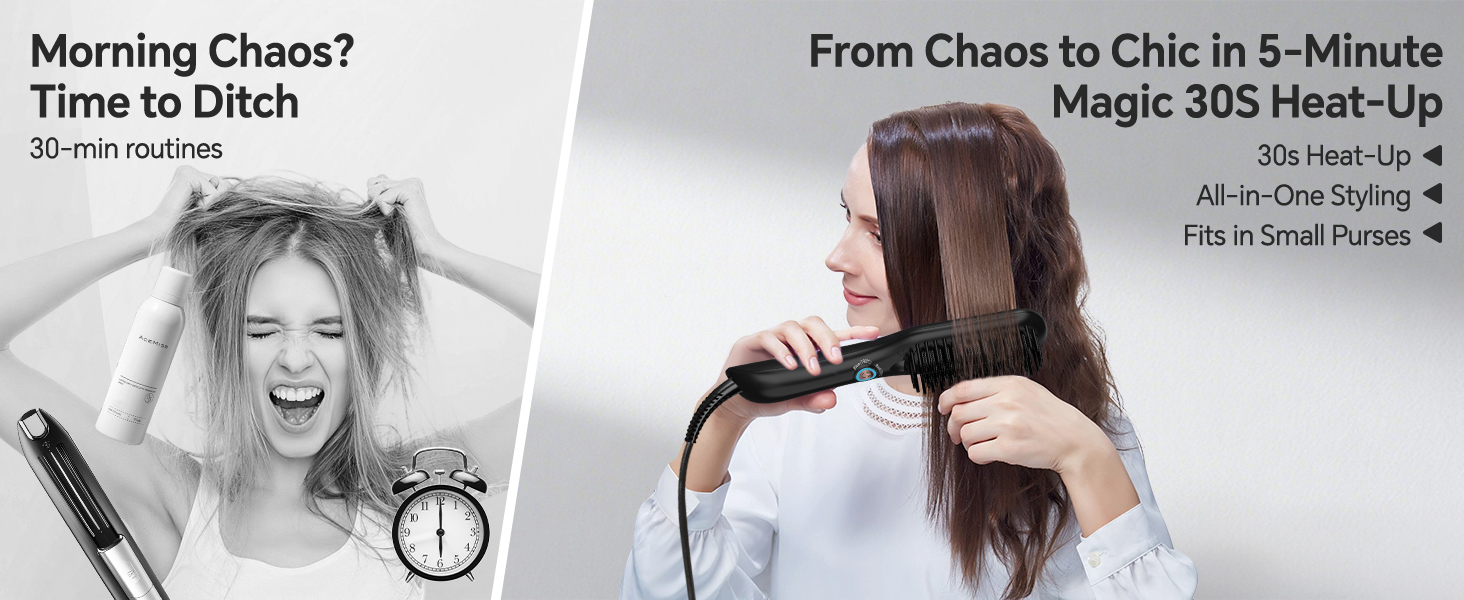 Text reads 'Morning Chaos?', 'From Chaos to Chic in 5-Minutes', 'Time to Shine', 'Magic SOS Heat-Up', 'All-in-One Styling'. Series of hair styling demonstration images with text overlays.