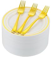 ISFANGCO 120 PCS Gold Dessert Plates Set for 60 Guests,7.5 inch Disposable Gold Rimmed White Heav...