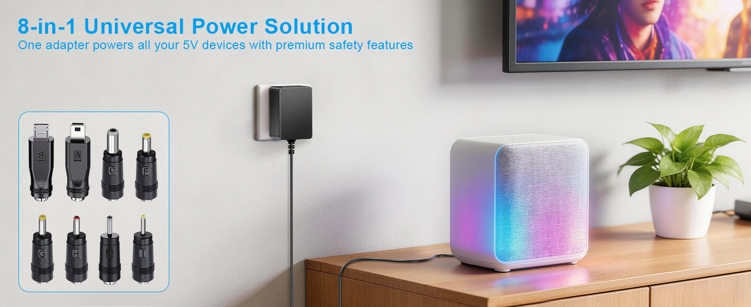 5V 2A power adapter comes with 8pcs selectable adapter tips to charge your home electronics