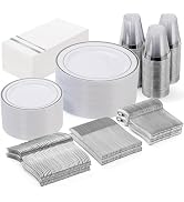 GATHER 350PCS Silver Plastic Plates - White and Silver Disposable Plates for 50 Guests Includes 5...