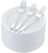 ISFANGCO 120 PCS Silver Dessert Plates Set for 60 Guests,7.5 inch Disposable Silver Rimmed White ...