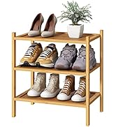 kiplant Small Shoe Rack, Bamboo Wood Shoe Rack for Entryway, Stackable | Foldable | Natural, 3-Ti...